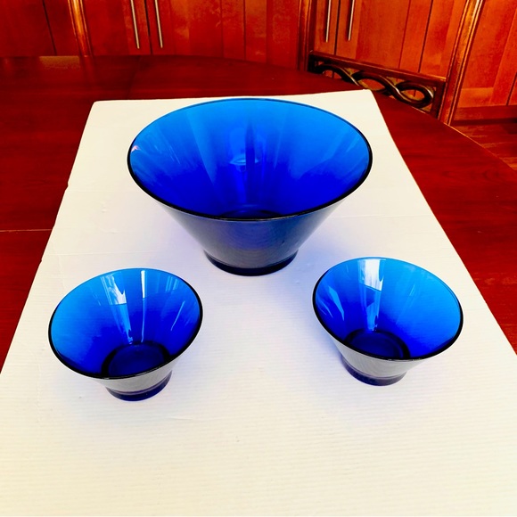 Cobalt blue glass bowls 3 Pc Set 10” in Large Deep Serving Bowl 5”in salad Bowls - Picture 2 of 11